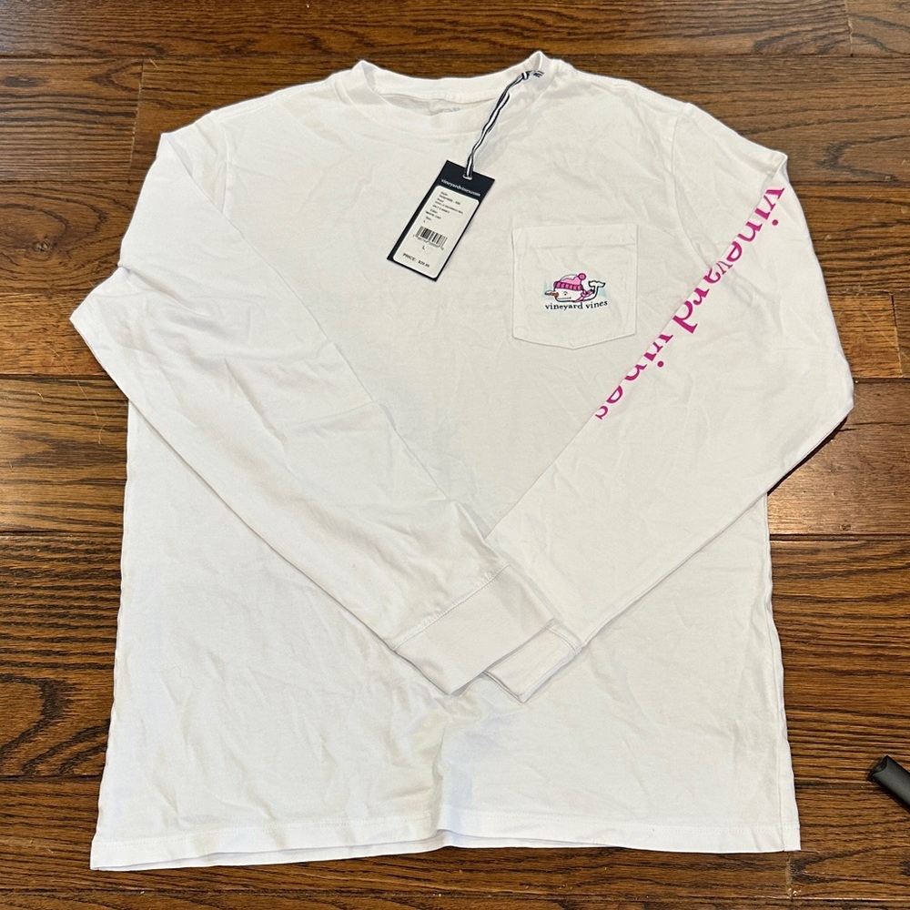 Vineyard Vines White Long Sleeve Tee with Pink Logo